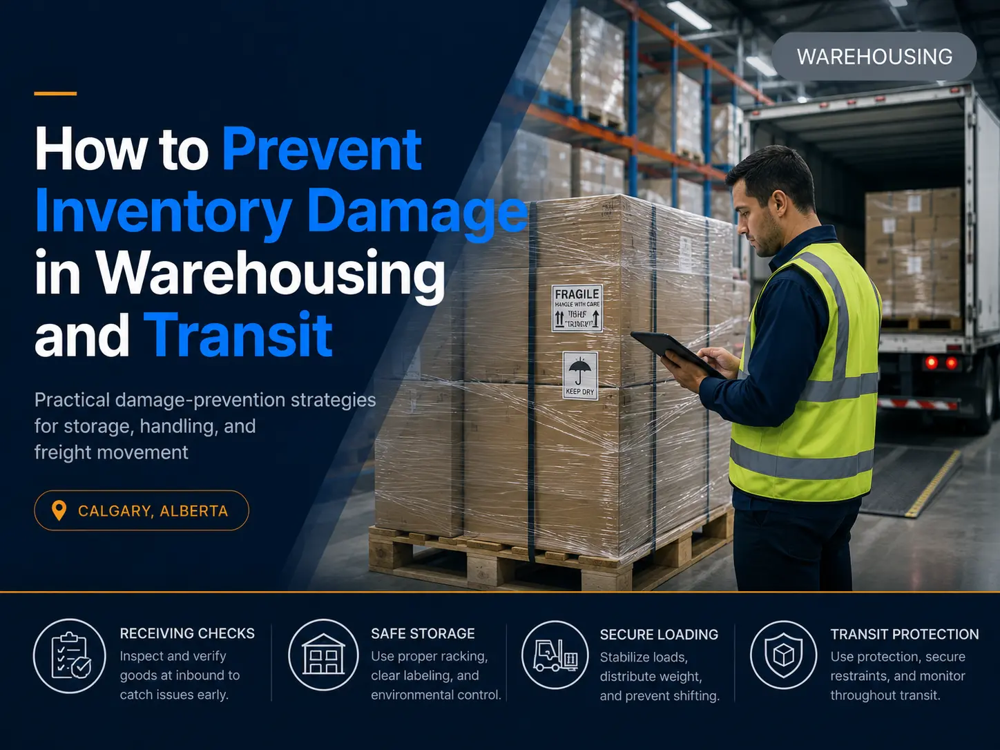 Warehouse worker inspecting palletized inventory to prevent damage during warehousing and transit